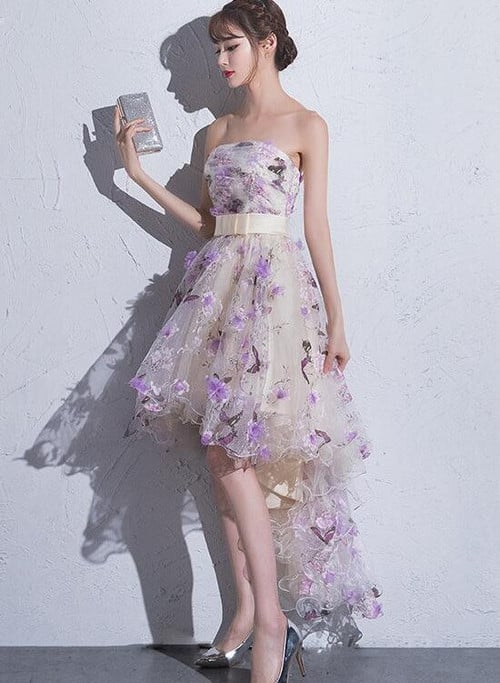 Unique Flowers Tulle High Low Scoop Party Dress, Short Homecoming Dress