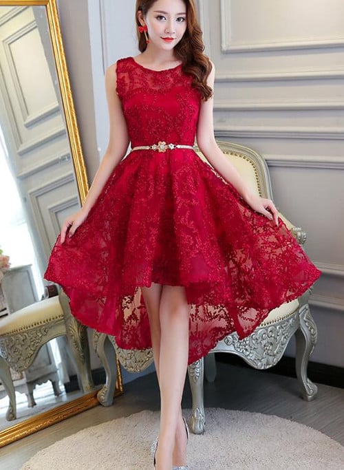 Dark Red High Low Party Dress, Charming Homecoming Dress