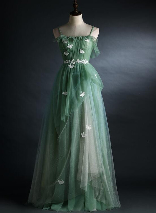 Green Straps Tulle Floor Length A-Line Prom Dress, Tulle Scoop Party Dress Evening Dress