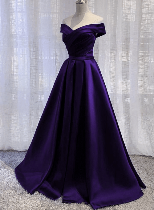 Purple Satin Long Simple Prom Party Dress, A-line Off Shoulder Prom Dress