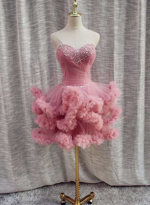 Pink Short Sweetheart Tulle Beaded Prom Dress, Pink Layers Homecoming Dress