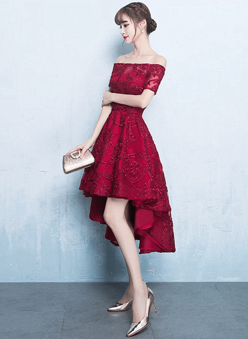Dark Red Lace High Low Off Shoulder Homecoming Dress, Wine Red Prom Dress