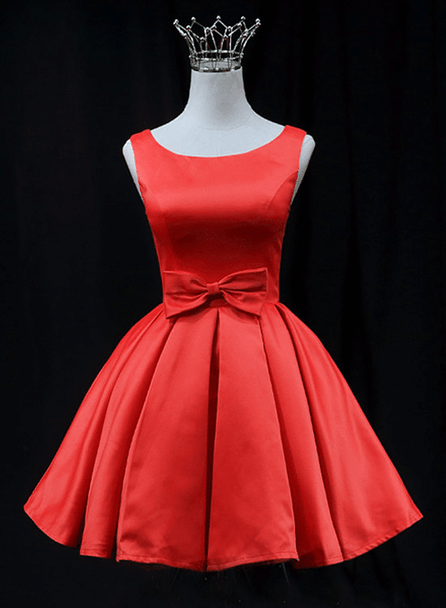 Red Satin Round Neckline Prom Homecoming Dress, Red Short Party Dress