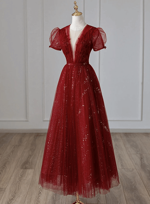 Wine Red Tulle Short Sleeves Long Party Dress, Wine Red Evening Gown