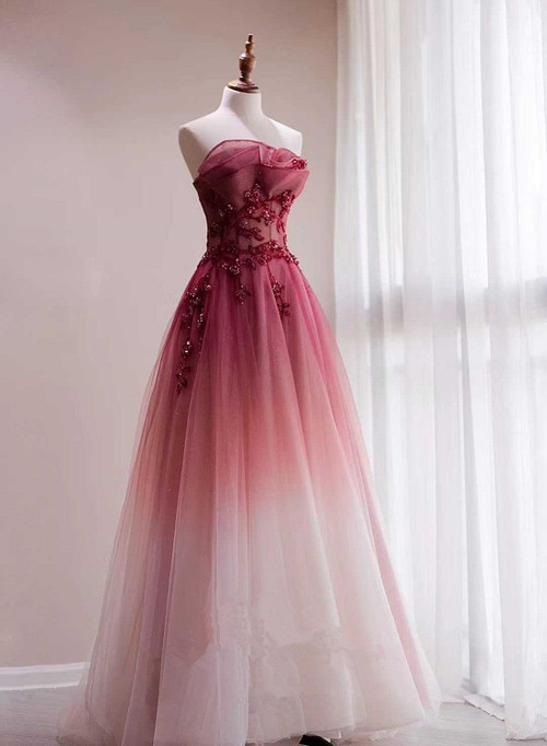 Beautiful Tulle Gradient with Beaded Long Party Dress, A-line Gradient Prom Dress