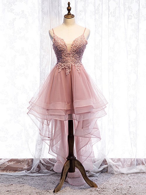 Cute Pink High Low Tulle with Lace Prom Dress, High Low Homecoming Dress