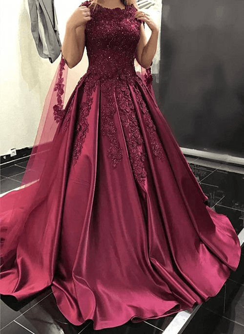 Burgundy Satin Ball Gown Sweet 16 Dress with Lace, Purple Wedding Party Dress