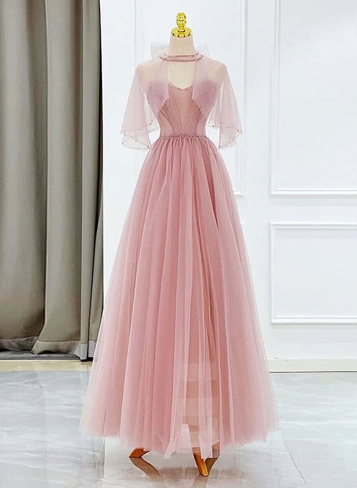 Pink Tulle Beaded Long Prom Dress, Pink Formal Dress Party Dress