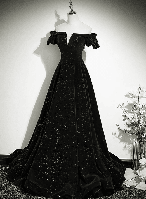 Black Off Shoulder Velvet Party Dress, A-line Black Formal Dress Prom Dress