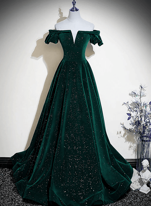 Dark Green Velvet Off Shoulder Long Party Dress, Green A-line Prom Dress