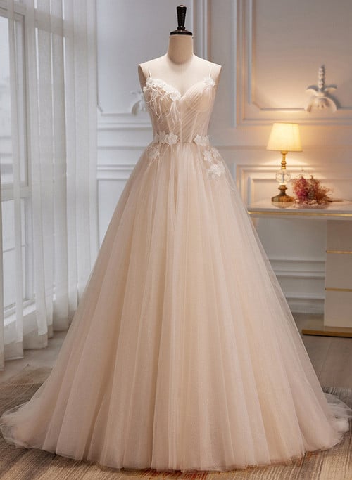 Ivory Tulle with Flowers Straps Prom Dress, A-line Ivory Party Dress