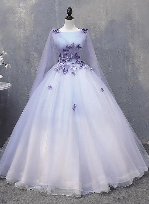 Lavender Tulle Long Formal Dress with Butterflies，Lavender Sweet 16 Dress