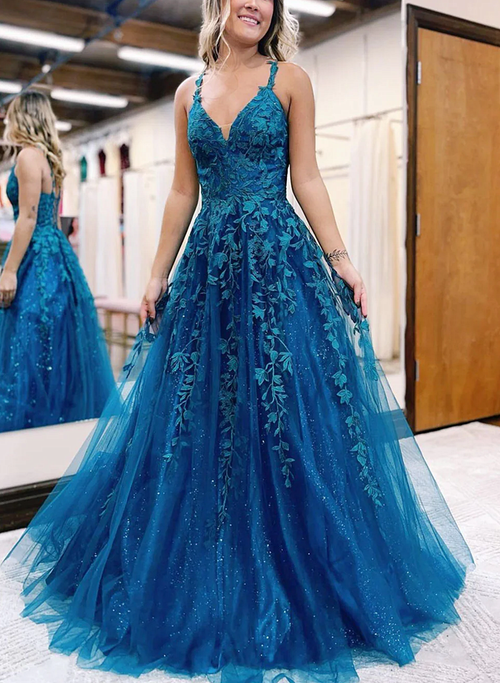 Blue Tulle with Lace Straps V-neckline Party Dress, Blue Long Formal Dress
