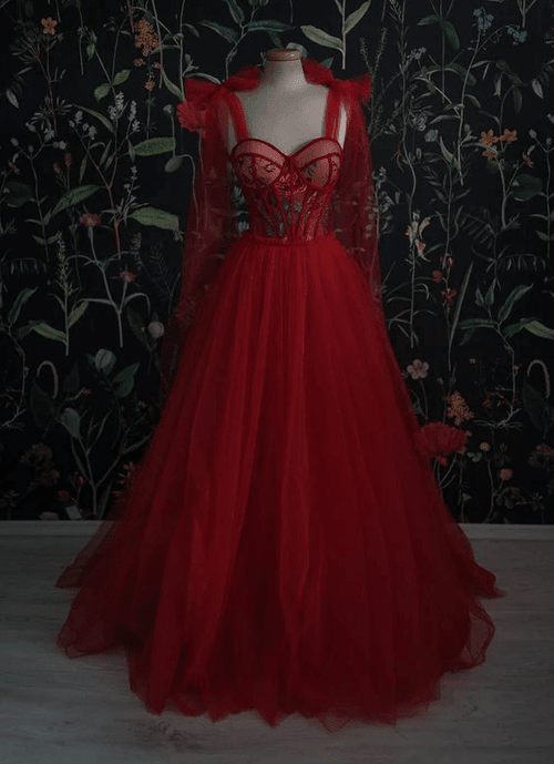 Dark Red Tulle with Lace Applique Straps Long Party Dress, Lace-up Formal Dress