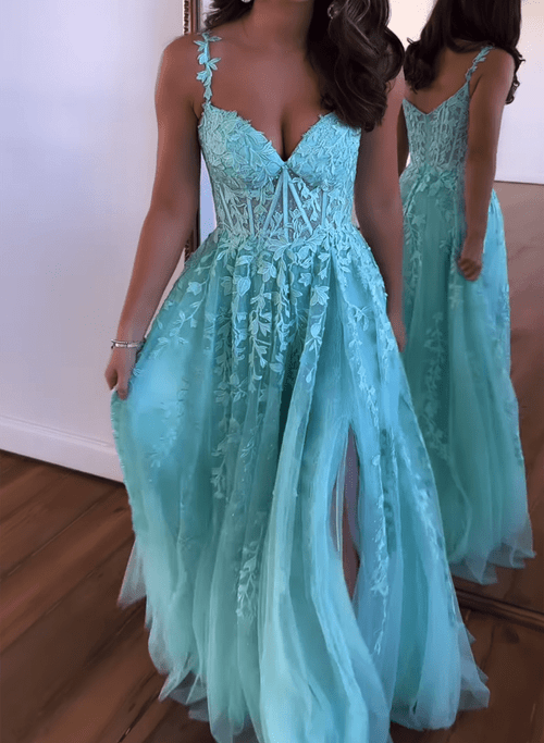 Blue Tulle with Lace A-line Straps Long Prom Dress, Blue Prom Dress Party Dress