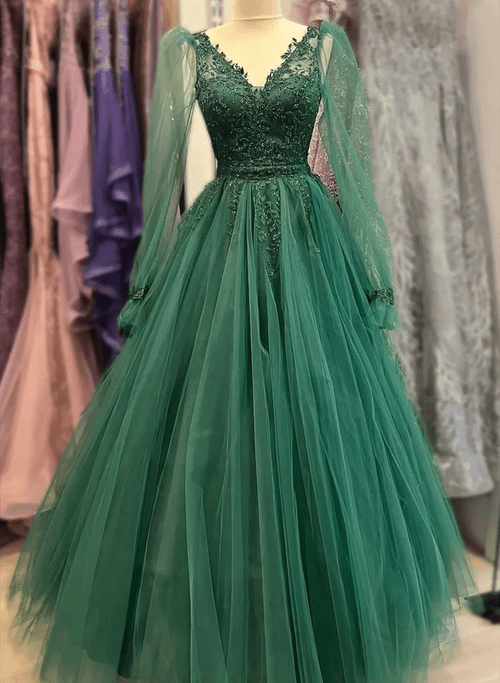 Green Long Sleeves A-line Prom Dress with Lace, Green Party Dress