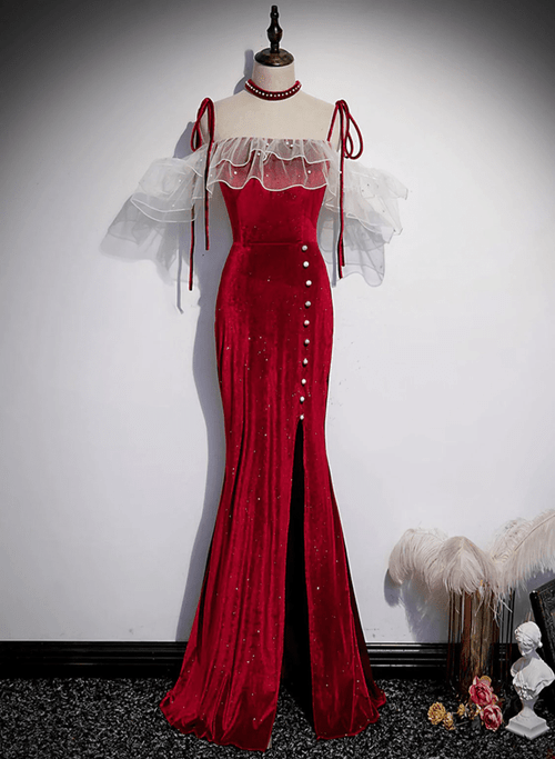 Dark Red Mermaid Long Off Shoulder Party Dress, Long Wedding Party Dress