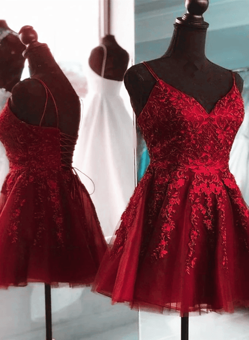 Wine Red Short Tulle with Lace Party Dress, Wine Red Homecoming Dress