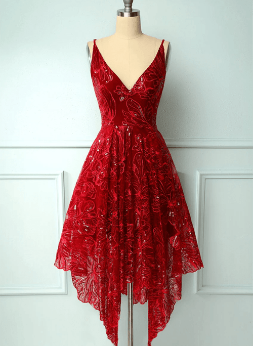 Wine Red V-neckline High Low Party Dress, Wine Red Lace Homecoming Dress
