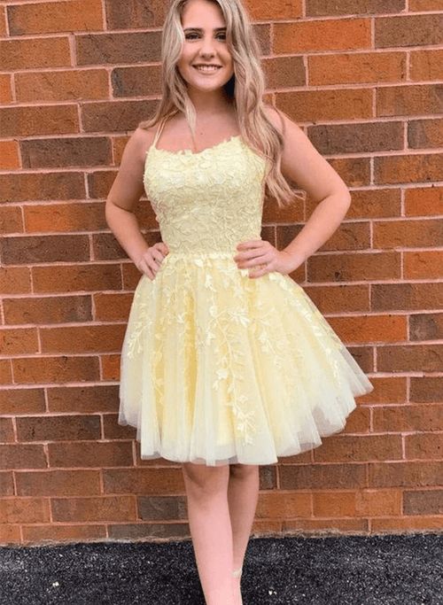 Light Yellow Tulle with Lace Short Prom Dress, Yellow Lace Formal Homecoming Dress