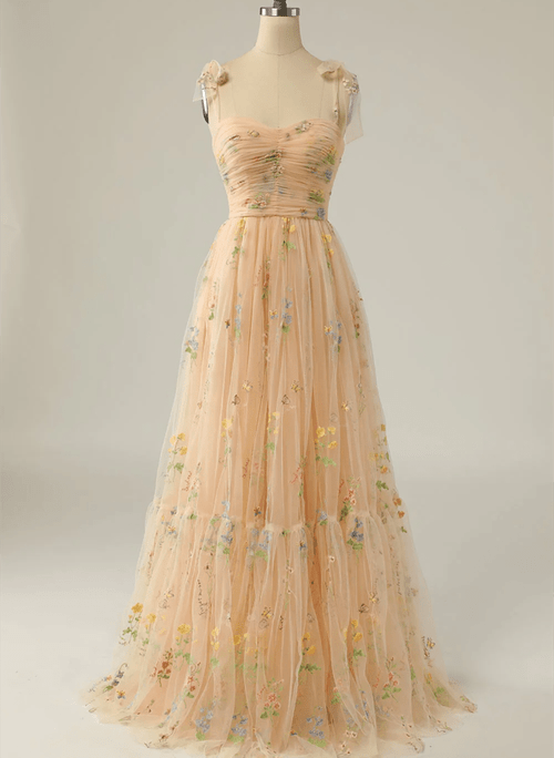 Champagne Floral A-line Tulle Long Prom Dress, Sweetheart Long Party Dress