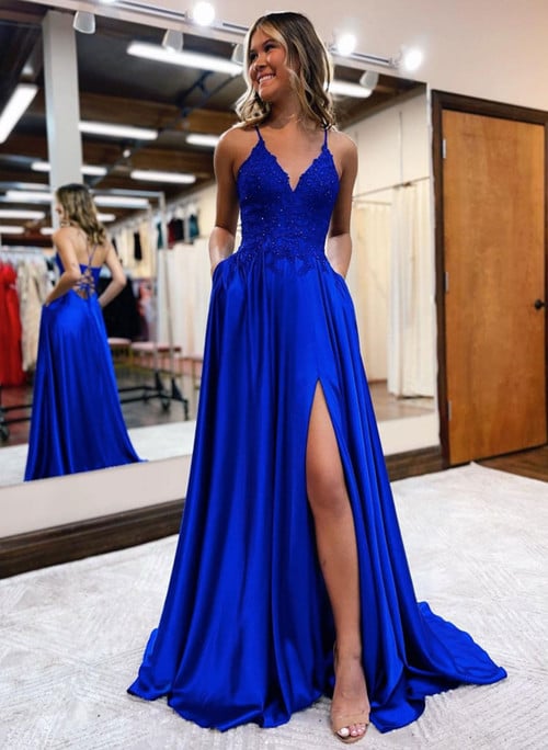 Royal Blue Satin and Lace Long Party Dress, A-line Royal Blue Prom Dress