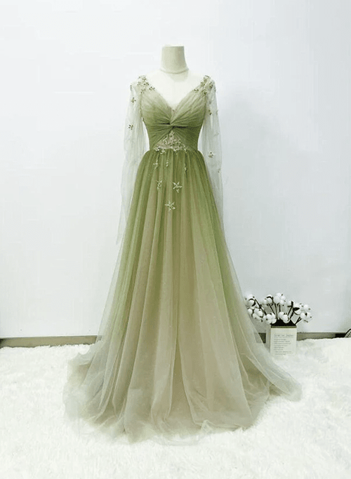 Green A-line Tulle Gradient Long Sleeves Party Dress, Green A-line Long Prom Dress
