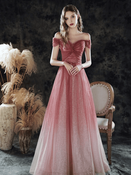 Gradient Tulle Off Shoulder Long Party Dress, A-line Tulle Prom Dress