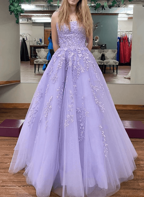 Light Purple Tulle Long Lace Applique Party Dress, Light Purple Prom Dress