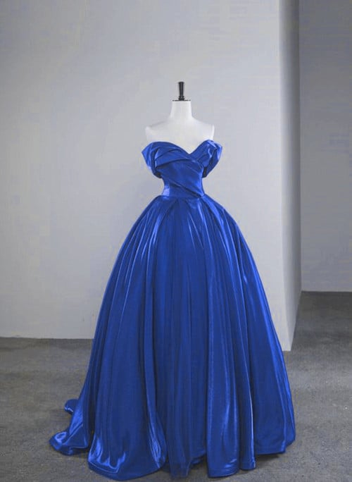 Blue Satin Off Shoulder Long Party Dress, Blue Long Evening Dress