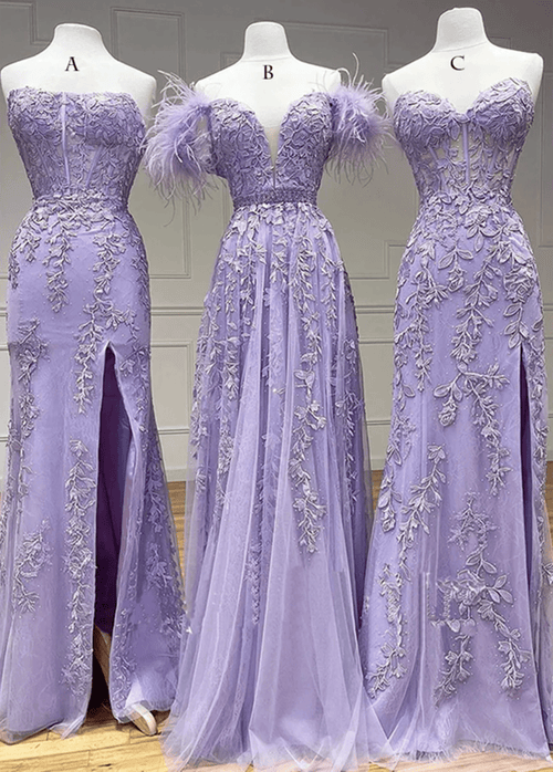 Purple Tulle Long with Lace Applique Prom Dress, Purple Tulle Long Lace Party Dress