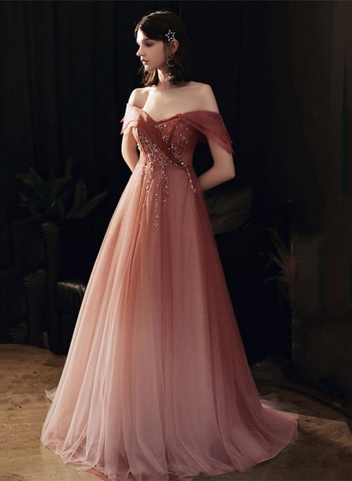 Lovely Pink Gradient Tulle Beaded Off Shoulder Party Dress, Pink Long Prom Dress