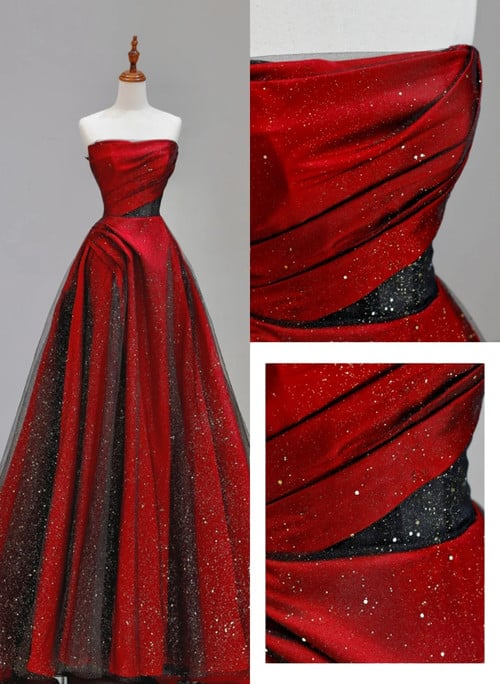 Chic Red And Black Satin With Tulle Chic Long Party Dress, Red Long Prom Dress