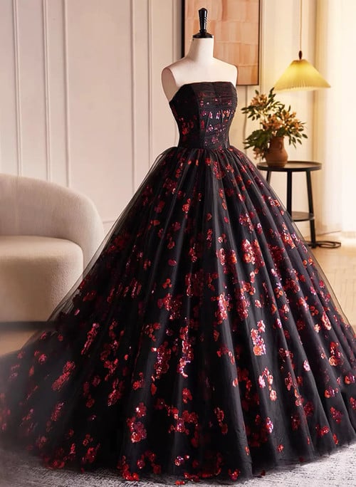 Black and Red Floral Tulle Long Party Dress, Strapless Formal Sweet 16 Dress