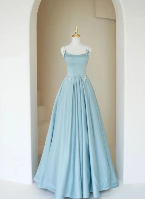 A-line Blue Satin Straps Beaded Long Party Dress, Blue Evening Dress Prom Dress