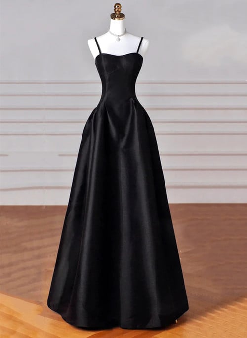 Black Satin Straps A-line Long Evening Dress Prom Dress, Black Party Dress