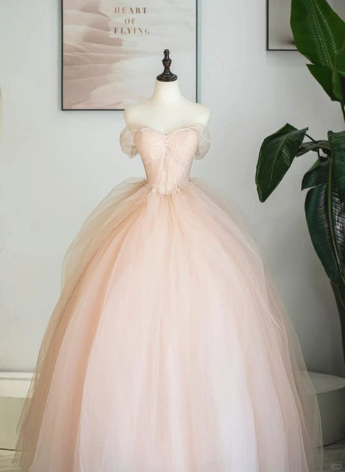 Pink Sweetheart Beaded Off Shoulder Prom Dress, Pink Tulle Sweet 16 Dress