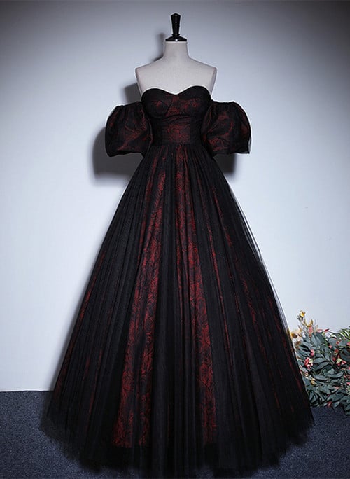 Lovely Black and Red Lace Sweetheart Evening Dress, Black and Red Prom Dress