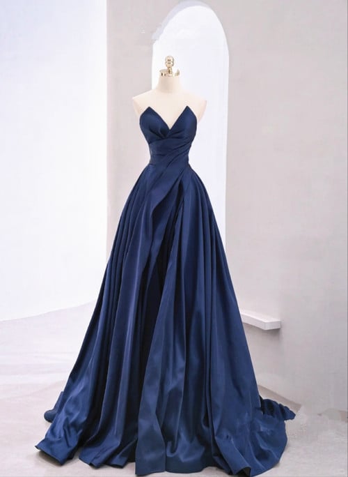 Navy Blue Tulle Long Party Dress, Navy Blue Satin Prom Dress