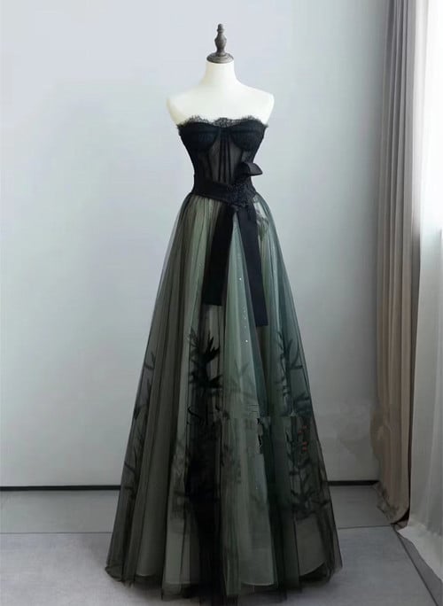 Elegant Black and Green Tulle with Lace Long Prom Dress, Tulle Party Dress