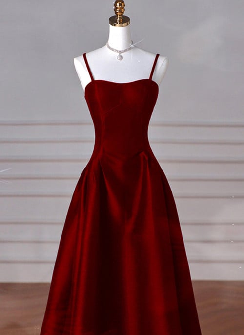 Wine Red A-Line Straps Satin Long Party Dress, Wine Red Long Prom Dress Evening Dress