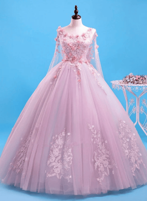 Beautiful Pink Flowers Long Formal Dresses, Pink Sweet 16 Gown Party Dresses