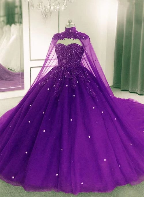 Gorgeous Tulle Purple Ball Gown Sweet 16 Dress with Cape, Purple Long Formal Dress