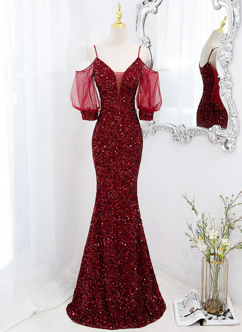 Wine Red Velvet Mermaid Long Party Dress, Wine Red Vekvet Prom Dress