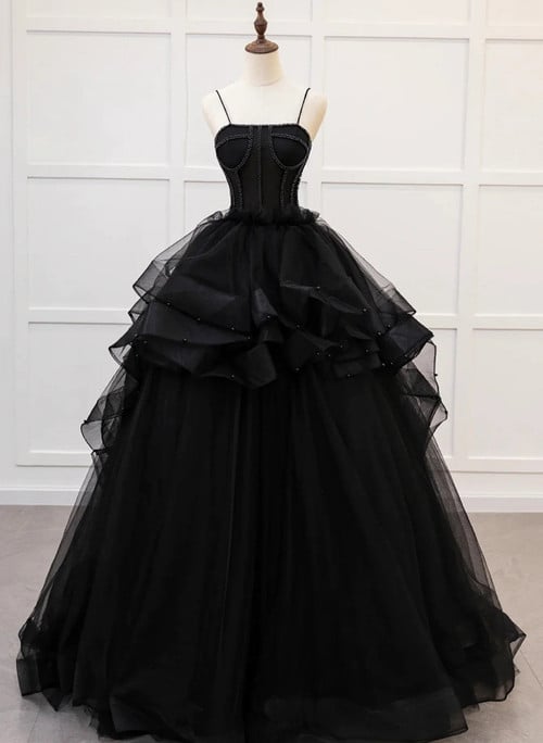 Black Straps Beaded Scoop Tulle Long Formal Dress, Black Tulle Sweet 16 Dress