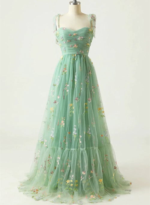 A-line Green Straps Sweetheart Floral Tulle Prom Dress, Green Tulle Evening Dress