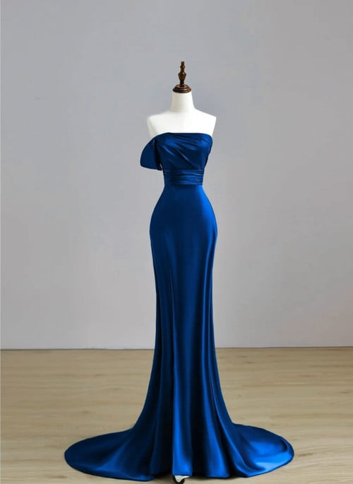 Royal Blue Satin Mermaid Scoop Long Party Dress, Royal Blue Prom Dress
