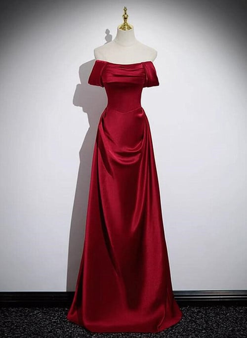 Wine Red Satin Off Shoulder Long Party Dress, A-line Satin Prom Dress