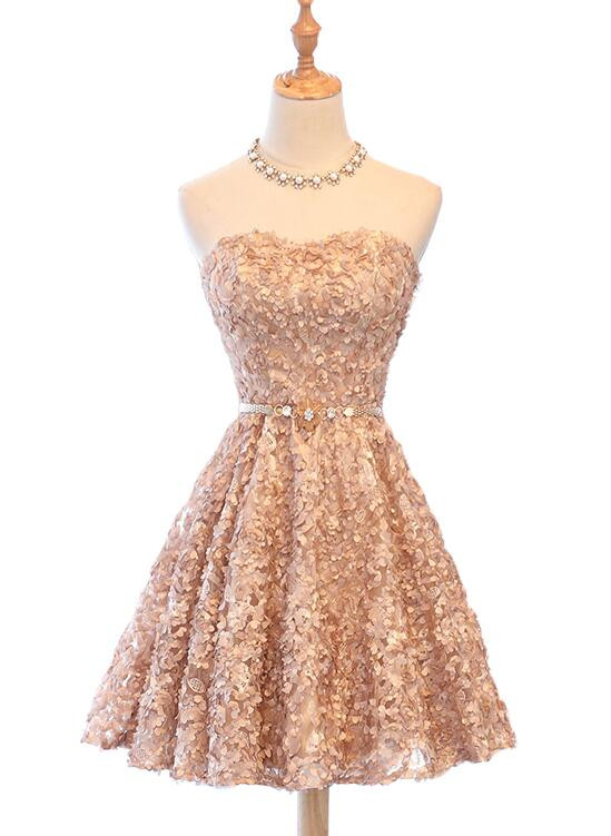 champagne lace short party dress