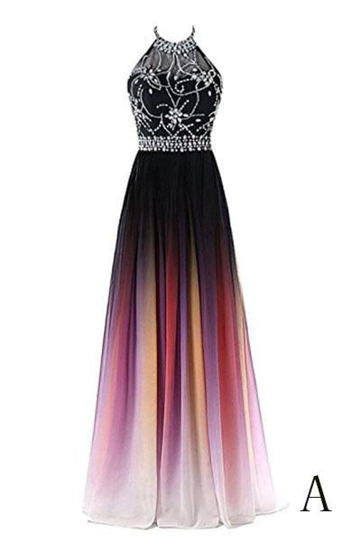 Gradient Chiffon Beaded A-line Party Gown, Long Junior Prom Dress